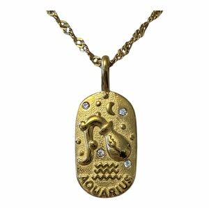 Gold Zodiac Aquarius ♒️ Pendant Necklace with Diamond 💎. Gold plated stainless .